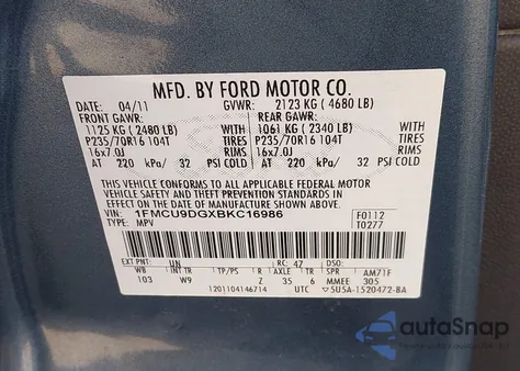 2011 Ford Escape Xlt из США, поврежденный, VIN 1FMCU9DGXBKC16986